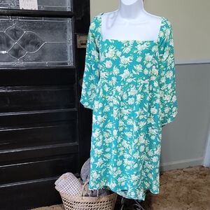 NWT DAVI & DANI Teal Floral Long Sleeve Dress Tie Back Pockets Woman Size 2XL